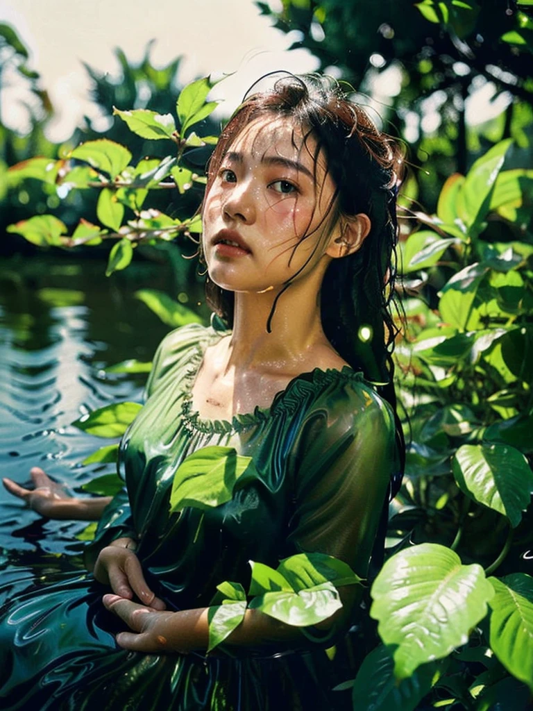 Best quality, ultra highly res, Realistic Fashion photography in the dark swamps from a young pretty uzbek women dancing between floating of leaves, soaking wet and submarged with water, wearing transparent nightdress, hair blowing in the wind, sunlight exposure, dynamic shadow on the face, cinematic lighting, proportional composition, perfect face and eyes, motion blur effect, cinematic aesthetics photography inspired by annie leibovitz