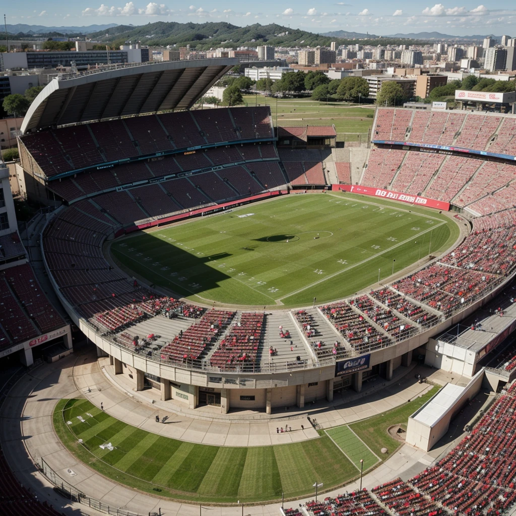 Make a wallpaper of a Latin American football stadium in a panoramic view with people