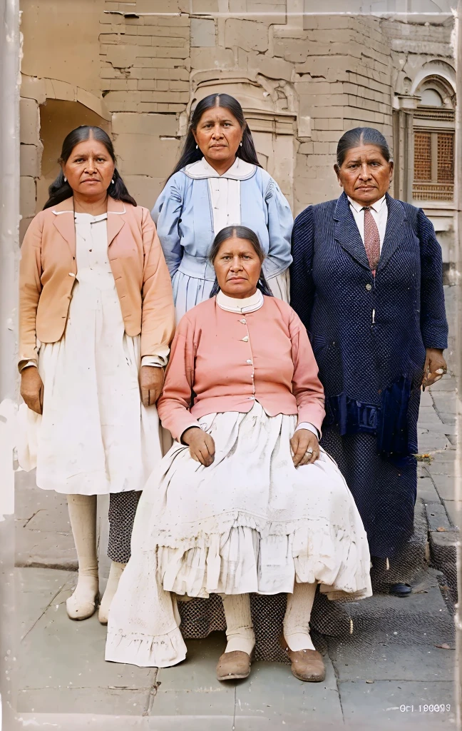 Arafed photograph of a family posing for a photo in front of a brick building., colored 1 9 0 4 photo, colored photo, colored, a colored photo, colored photograph, restored photo, colored, restored color, colored, award winning colored photo, Color restoration, old color photo, bolivian cholitas, old color photograph, colored background