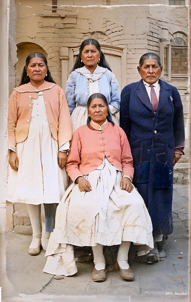 Arafed photograph of a family posing for a photo in front of a brick building., colored 1 9 0 4 photo, colored photo, colored, a colored photo, colored photograph, restored photo, colored, restored color, colored, award winning colored photo, Color restoration, old color photo, bolivian cholitas, old color photograph, colored background