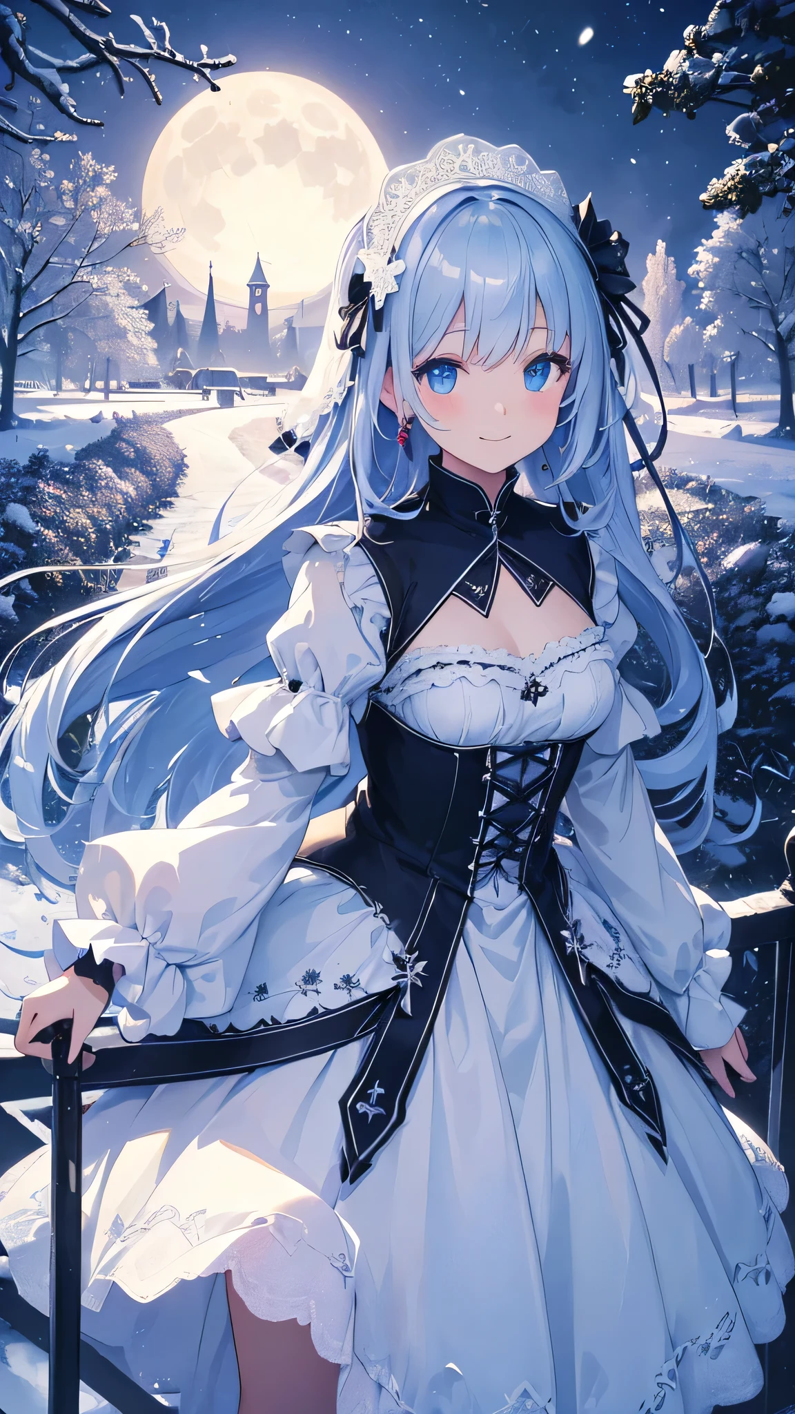 common snowdrop themed artwork, ((Highest quality)), High resolution, 8K, Cinematic Light, High Contrast, Written boundary depth、smile、sharp、beautiful, Strong brilliance, Detailed Background, One Girl, cute, fine grain, Shining Eyes, Detailed Iris、 snowy moonlit night、gothic ta dress、