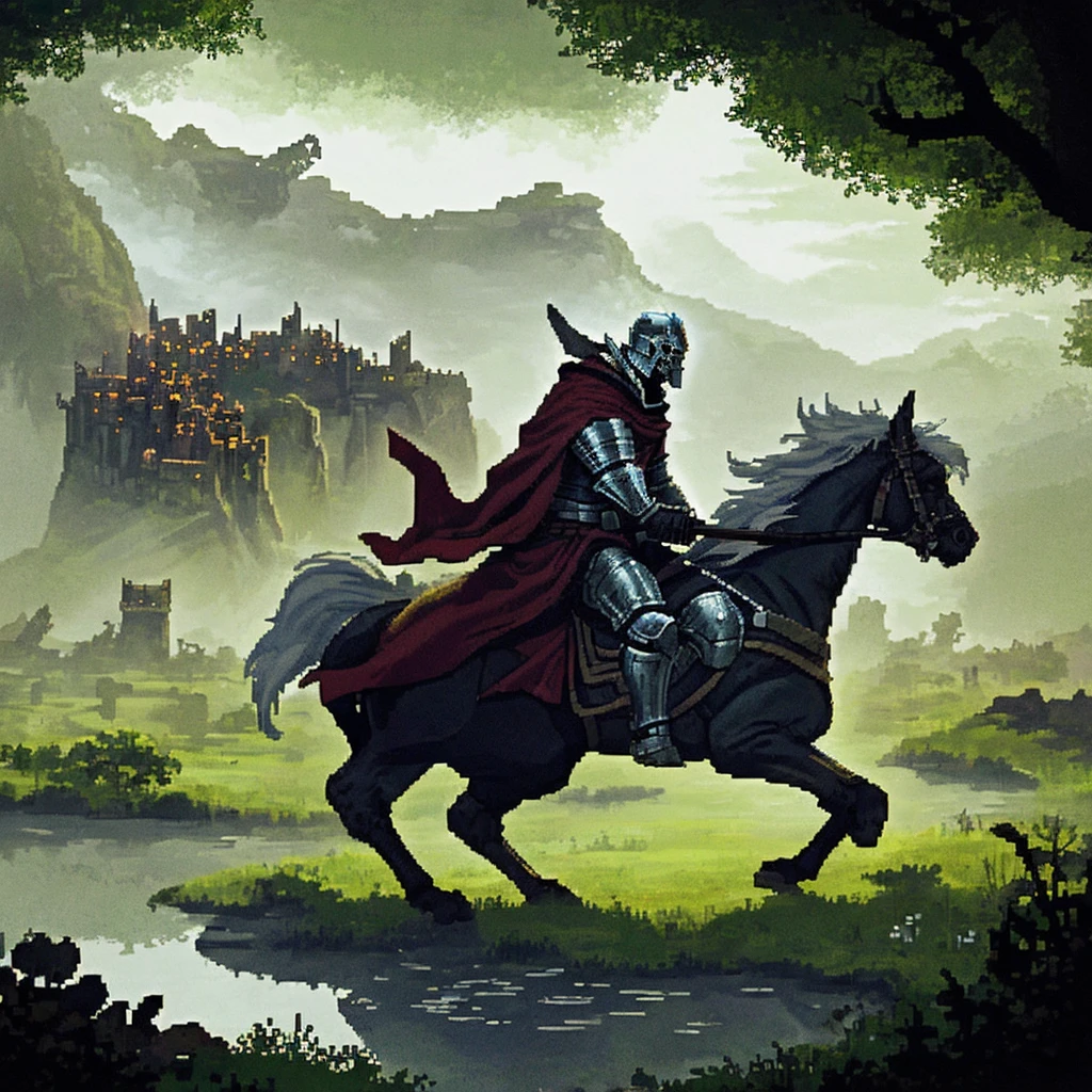 (Pixel art: 1.2), firm stance, combat stance, Focus on (Middle Earth, Knight charging into battle on horseback, wielding a sword and dressed in a black cloak with shoulder armor, Don, Short, Solid, Face in diamond shape, Light skin, platinum white hair, red eyes with white flecks, narrow nose, full lips, receding chin, extended goatee, shoulder length, side part, a lush city in the desert, Tolkien) fighting (Beholder), in a mystical swamp, where will-o'-the-wisps lead travelers