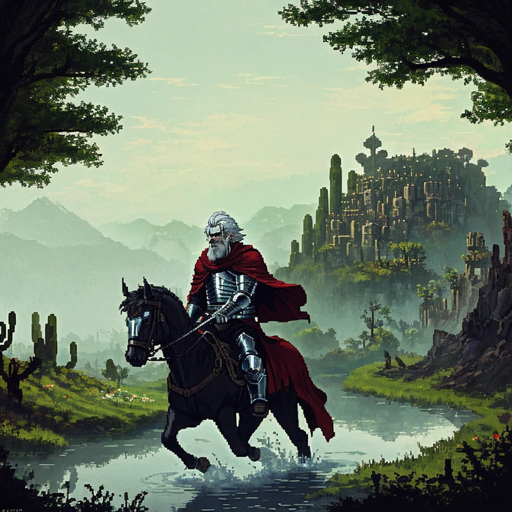 (Pixel art: 1.2), firm stance, combat stance, Focus on (Middle Earth, Knight charging into battle on horseback, wielding a sword and dressed in a black cloak with shoulder armor, Don, Short, Solid, Face in diamond shape, Light skin, platinum white hair, red eyes with white flecks, narrow nose, full lips, receding chin, extended goatee, shoulder length, side part, a lush city in the desert, Tolkien) fighting (Beholder), in a mystical swamp, where will-o'-the-wisps lead travelers