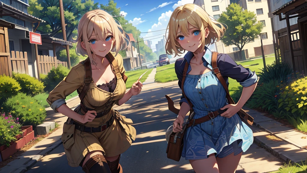 Smiling confidently, blue eyes, blonde hair, makeup, (extremely detailed CG unity 4k wallpaper),(masterpiece),(best quality),(ultra-detailed),(best illustration),(best shadow),(absurdres),(detailed background), Contemporary setting, Park, Short blonde hair (unkempt and messy), Sundress, Cowgirl boots,