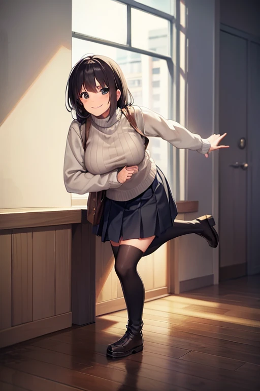 Medium breast,sweater,Pleated skirt,Knee-high socks, boots,smile