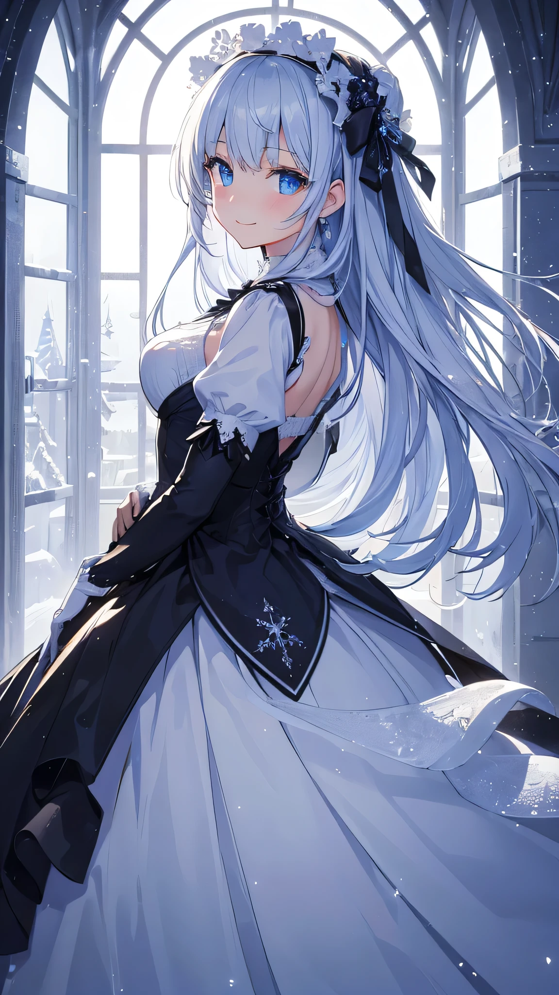 common snowdrop themed artwork, ((Highest quality)), High resolution, 8K, Cinematic Light, High Contrast, Written boundary depth、smile、sharp、beautiful, Strong brilliance, Detailed Background, One Girl, cute, fine grain, Shining Eyes, Detailed Iris、 snowy moonlit night、gothic ta dress、