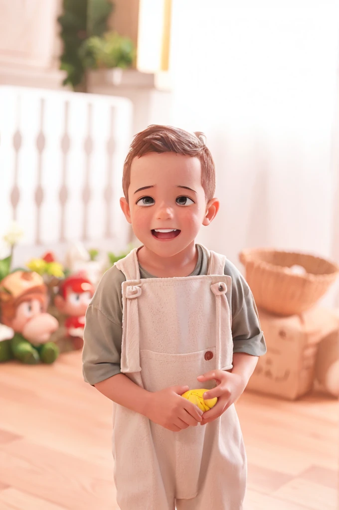 boy 3 years old, 3d pixar style, dressed in brazilian firefighter uniform, in red color, with the name Joaquim written on the clothes and helmet with the name Joaquim