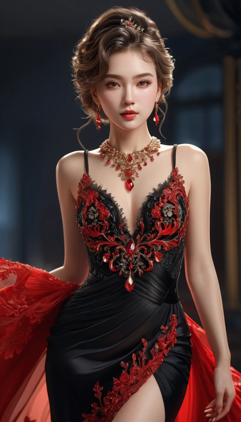 A beautiful woman in an elegant, black and red evening dress, transparent elements, embellishments, makes shapes visible but does not show too much, highly detailed, realistic, cinematic lighting, photorealistic, full body portrait, fashionable hairstyle, neckless,