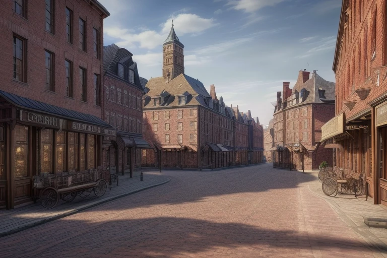 a provincial town in the 19th century, (crossroads), a bar, a hotel, (best quality,4k,8k,highres,masterpiece:1.2),ultra-detailed,(realistic,photorealistic,photo-realistic:1.37),detailed architecture, cobblestone streets, wood buildings, brick buildings, ornate facades, sun day
