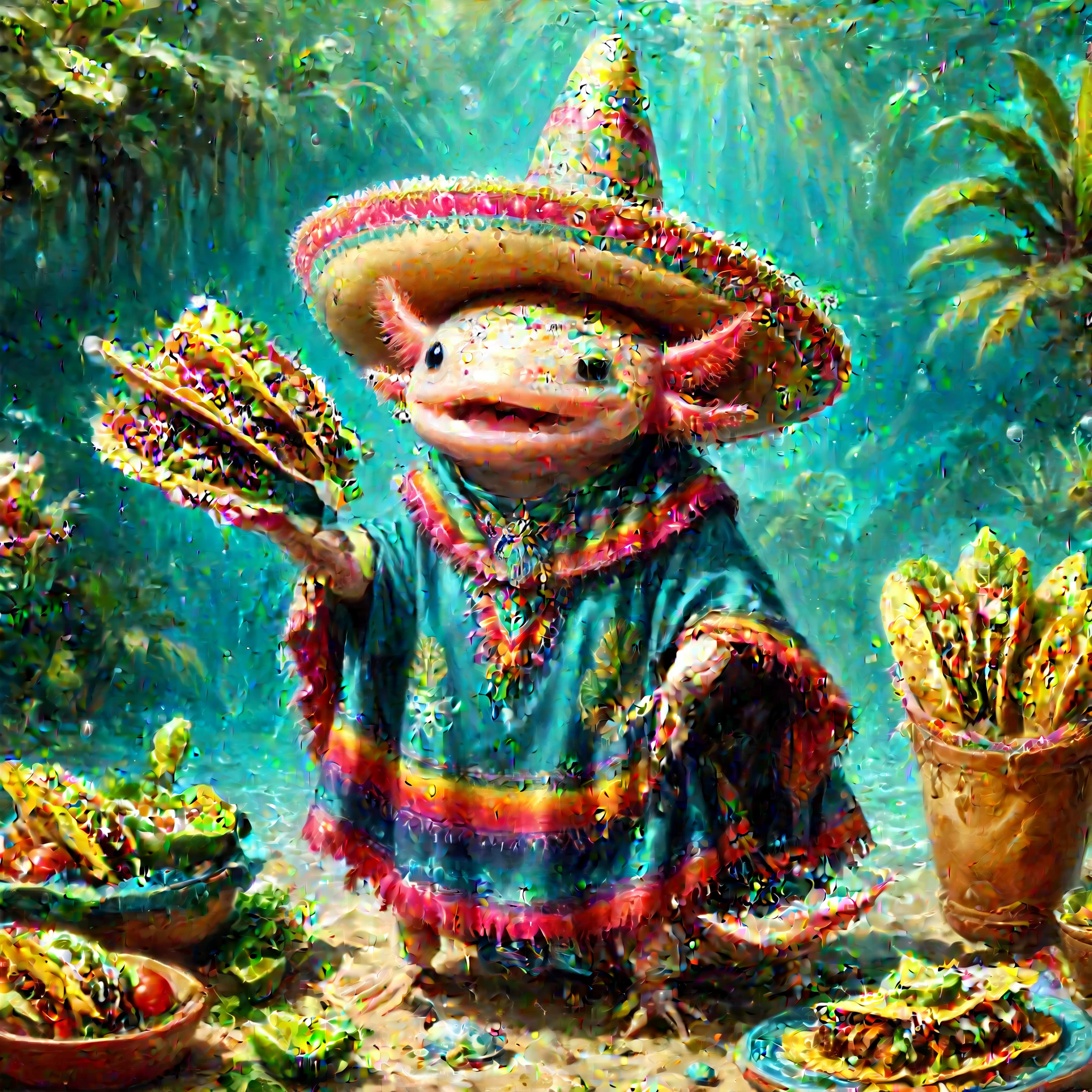 (masterpiece:1.5)  axomdel2, A happy axolotl wearing sombrero and poncho, with details of tacos EyeDetail-SDXL, fFaceDetail-SDXL, fHandDetail-SDXL, HairDetail-SDXL