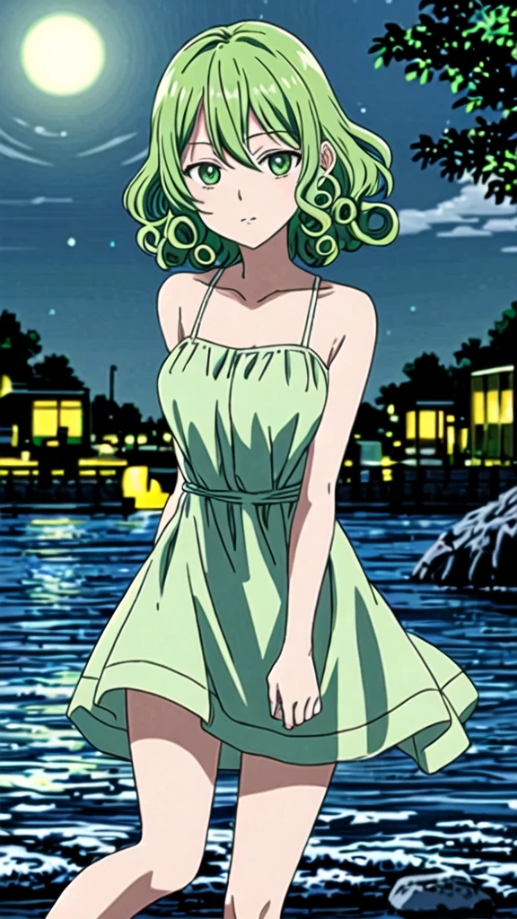 anime,de Nami,night,looking at viewer,green eyes,curly hair