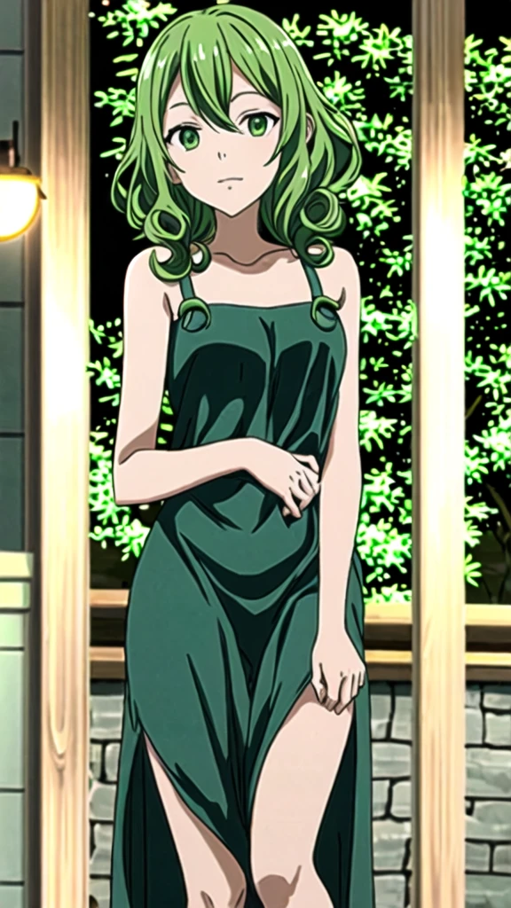 anime,de Nami,night,looking at viewer,green eyes,curly hair 