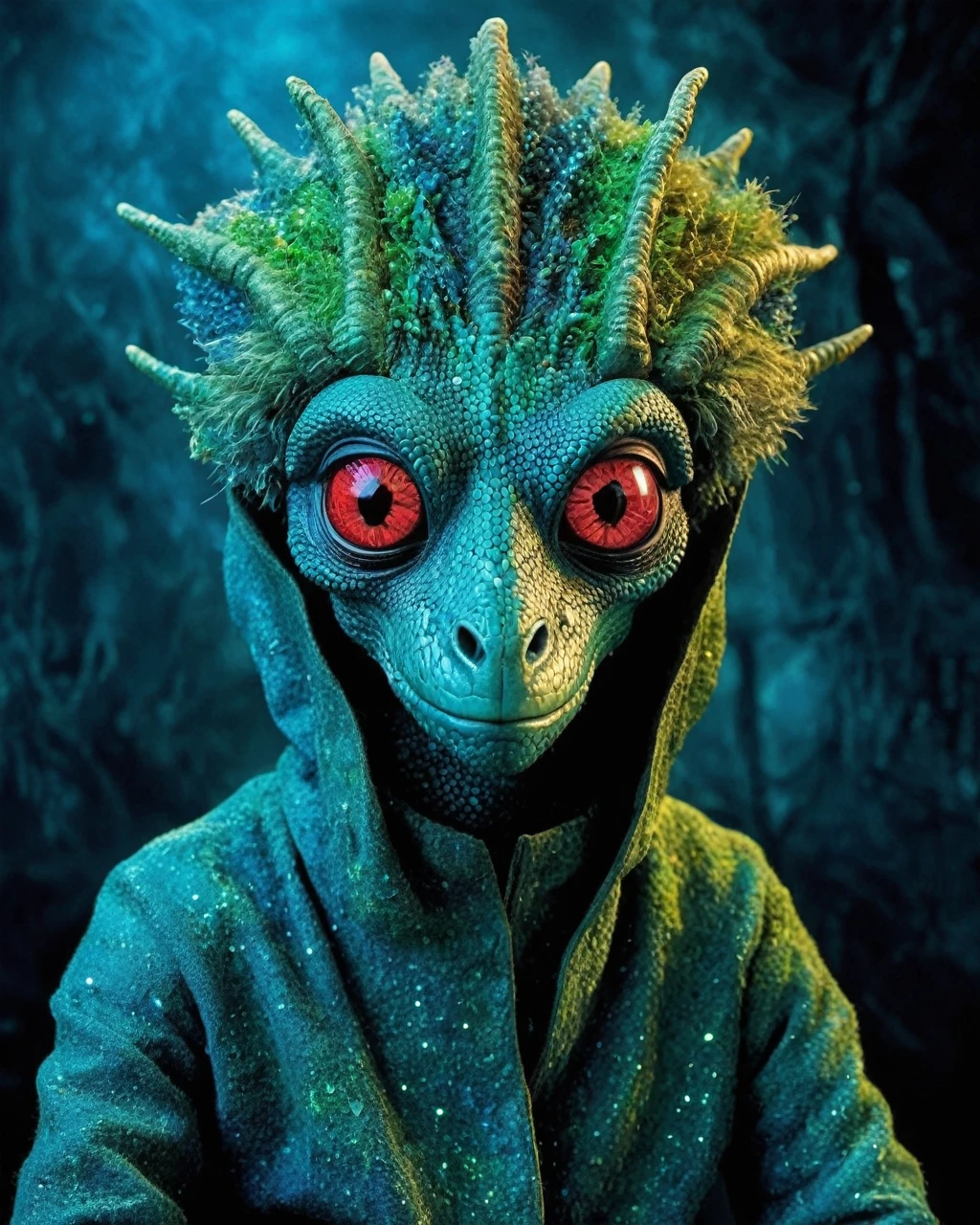 full body shot of full body shot of psychedelic style of A beautiful tander alien female creature with face fully covered lizard scale with fluffy eyes embedded into a canvas,The iris looks weird, attractive, (the eyelid is covered with sparkling lizard scales), The stars in space is reflected in the pupil, goose down eyelashes, long wavy red luminescent hair, sadistic smile:1.1, she is dressed in baggy clothes, sitting on a bench outside the house of dwarves in the setting of the Lord of the Rings, . Whole outfit, clear, sharp, balanced