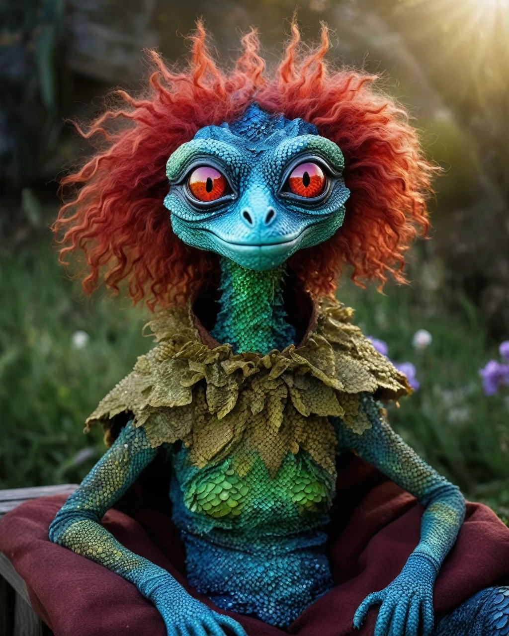 full body shot of full body shot of psychedelic style of A beautiful tander alien female creature with face fully covered lizard scale with fluffy eyes embedded into a canvas,The iris looks weird, attractive, (the eyelid is covered with sparkling lizard scales), The stars  in space is reflected in the pupil, goose down eyelashes, long wavy red luminescent hair, sadistic smile:1.1, she is dressed in baggy clothes, sitting on a bench outside the house of dwarves in the setting of the Lord of the Rings,  . Whole outfit, clear, sharp, balanced