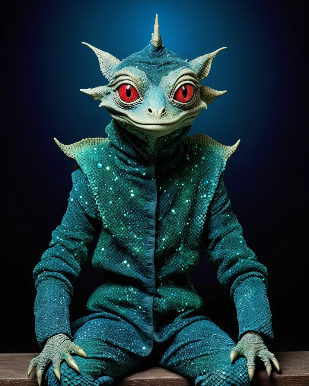 full body shot of full body shot of psychedelic style of A beautiful tander alien female creature with face fully covered lizard scale with fluffy eyes embedded into a canvas,The iris looks weird, attractive, (the eyelid is covered with sparkling lizard scales), The stars in space is reflected in the pupil, goose down eyelashes, long wavy red luminescent hair, sadistic smile:1.1, she is dressed in baggy clothes, sitting on a bench outside the house of dwarves in the setting of the Lord of the Rings, . Whole outfit, clear, sharp, balanced