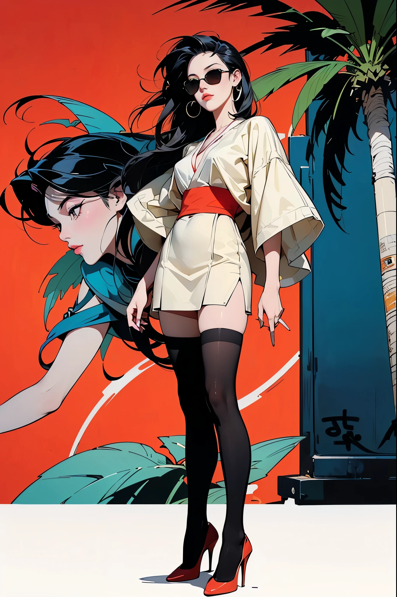 ((Art style by Patrick Nagel)), ((8k, wallpaper, detailed)), dark sunglasses, korean popstar, thighhighs, high heels, long legs, black hair, pretty hands, fringe, full body, samurai sword, (multiple girls:1.4), simple red background, palm trees, (graffiti wall:1.2), muscular, strong, courageous, art by Patrick Nagel