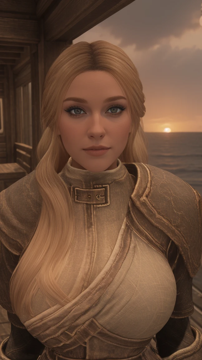 closeup shot of a stunning female Breton maiden stands poised on the weathered deck of a majestic ship at sunset in Skyrim. Her porcelain skin glows softly, illuminated by the warm rays of the rising sun. Delicate features and raven tresses frame her enigmatic smile as she gazes out to sea, the wind gently tousling her locks, blonde hair,female breton