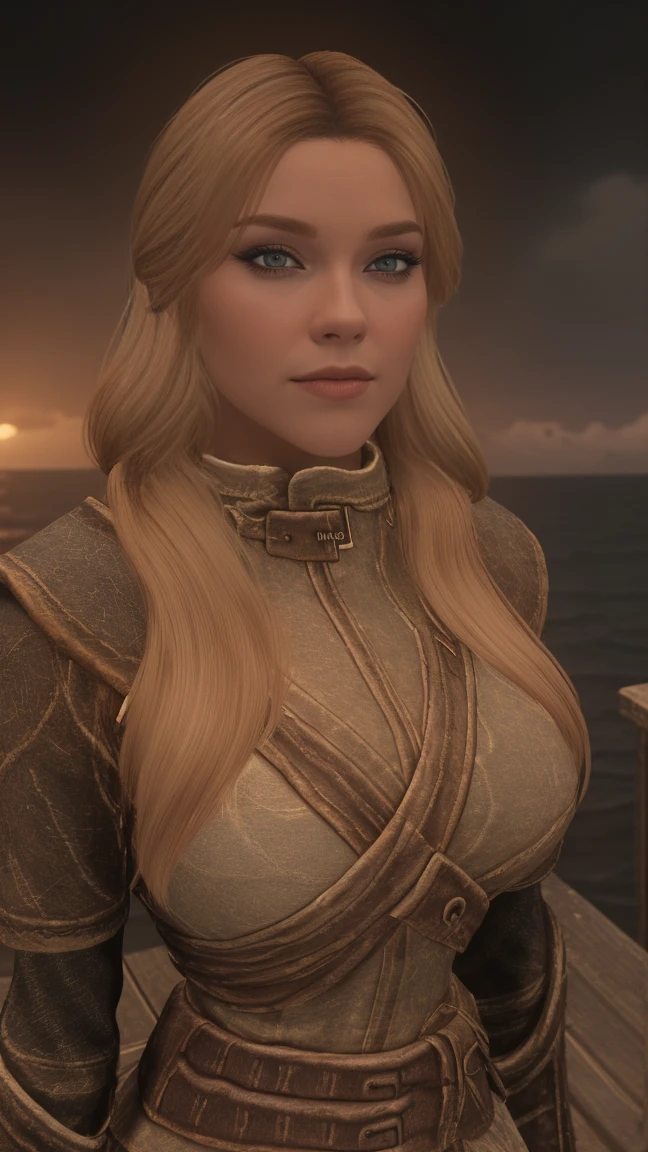 closeup shot of a stunning female Breton maiden stands poised on the weathered deck of a majestic ship at sunset in Skyrim. Her porcelain skin glows softly, illuminated by the warm rays of the rising sun. Delicate features and raven tresses frame her enigmatic smile as she gazes out to sea, the wind gently tousling her locks, blonde hair,female breton