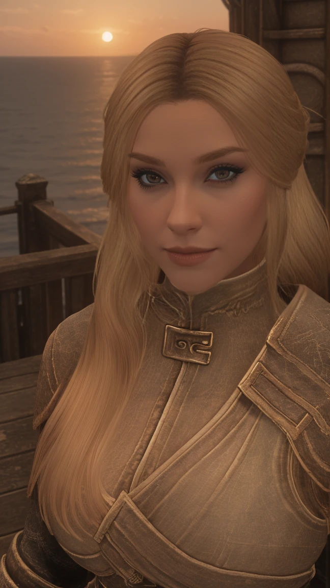 closeup shot of a stunning female Breton maiden stands poised on the weathered deck of a majestic ship at sunset in Skyrim. Her porcelain skin glows softly, illuminated by the warm rays of the rising sun. Delicate features and raven tresses frame her enigmatic smile as she gazes out to sea, the wind gently tousling her locks, blonde hair,female breton