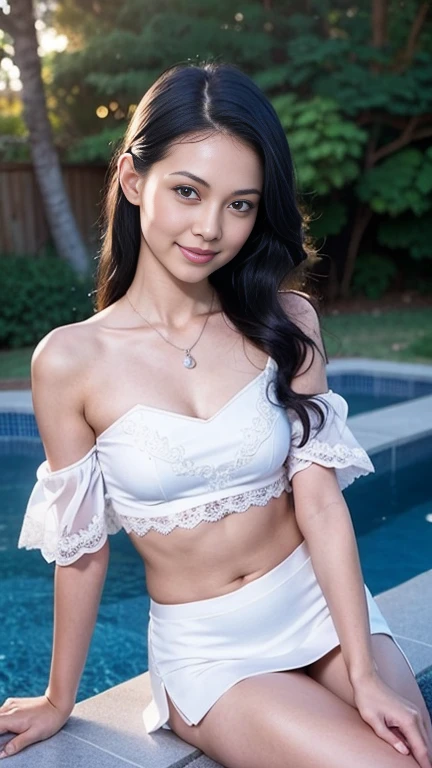 best picture quality，extremely high resolution，Extremely detailed，stunning girl，sitting in the pool，long eyelashes，big eyes，shining eyes，lying silkworm，Pouty hydrating lips，small nose，happy smile，sweet，Exquisite makeup，full-body shot，snow white skin，Slim figure，Off the shoulders，clavicle，bellyband，belly，belly button，Slender white legs，White and tender skin，White embroidered miniskirt，necklace，Showing thighs，lace，sweet，long hair fluttering，Highest quality，masterpiece，full body shot，facial focus，Slim figure，Thin waist white bellyband，Vision，full body shot Model: Hanfu, CFG scale: 7, Hires upscale: 1.5, lora: future fashion(0.4)、neon(0.4)、martial arts(0.8)、Asian face girl-2(0.4)、poetic fairy tale(0.01)
