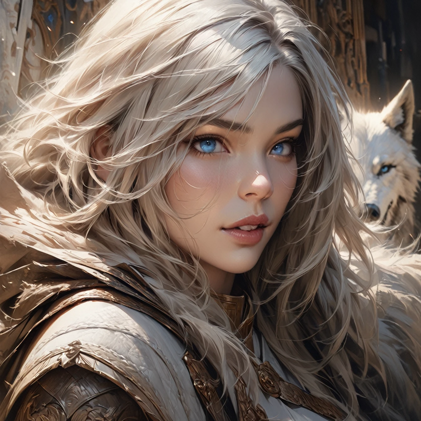 (masterpiece: 1.2, highest quality), Realistic, (Realistic Picture, Intricate details, Depth of written boundary), highest quality, masterpiece, Very detailed, Semi Realistic, 1 girl, strong White wolf, blue eyes, King's Clothes, Red Cape, A crown made of precious gold, Read the document, Document marking, Goose hair pen, Office Table, Soft bench, palace, palaceで, middle ages