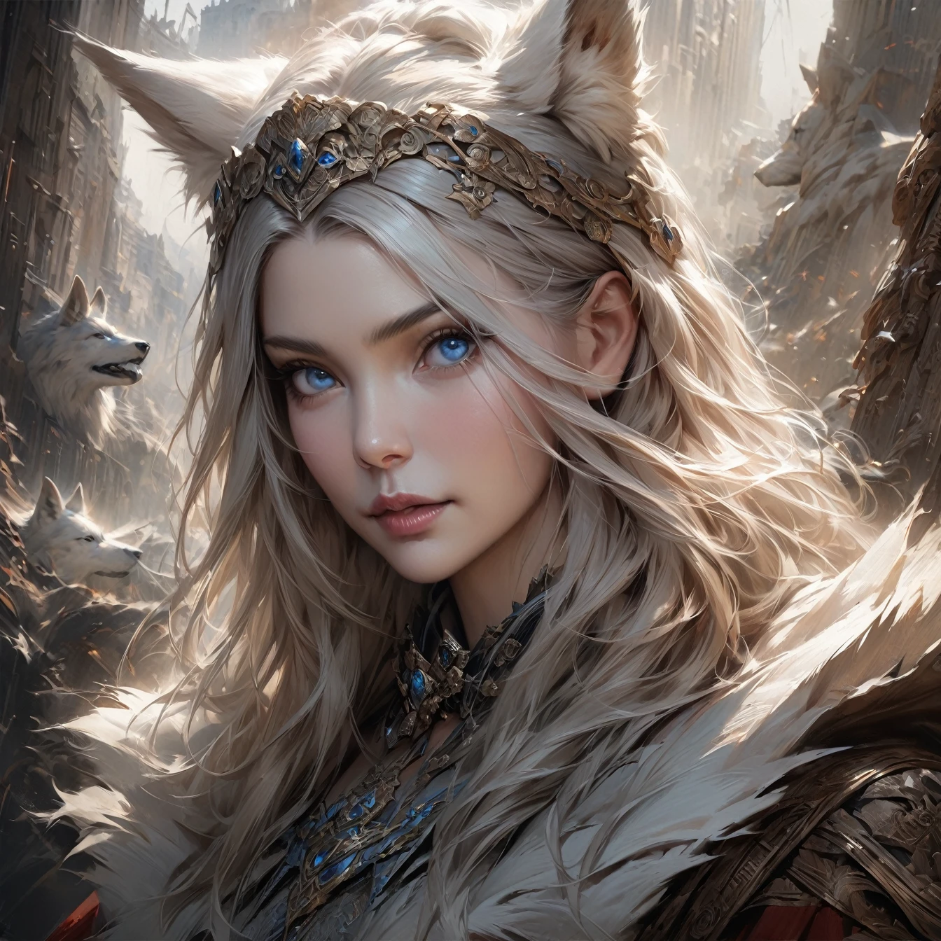 (masterpiece: 1.2, highest quality), Realistic, (Realistic Picture, Intricate details, Depth of written boundary), highest quality, masterpiece, Very detailed, Semi Realistic, 1 girl, strong White wolf, blue eyes, King's Clothes, Red Cape, A crown made of precious gold, Read the document, Document marking, Goose hair pen, Office Table, Soft bench, palace, palaceで, middle ages