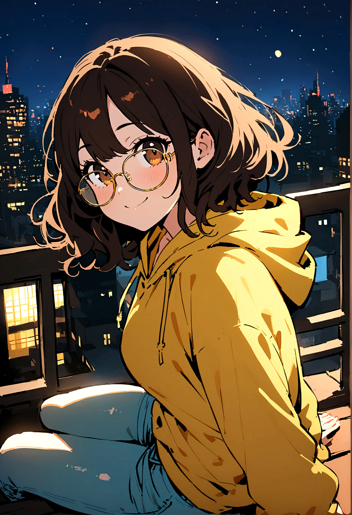 1 age girl, (black hair, brown hair, wavy hair, Short Bob Hair,) chubby cheeks, gold retro round eyeglasses, (gentle smile, kind smile, radiates warmth, kindness), (radiates warmth, kindness, hapiness) (Beautiful brown eyes with flecks of gold). medium breasts. pastel yellow hoodie, slightly chubby thighs, long jean shorts. (Rooftop, night, NYC), (sitting side view, looking at you pov).