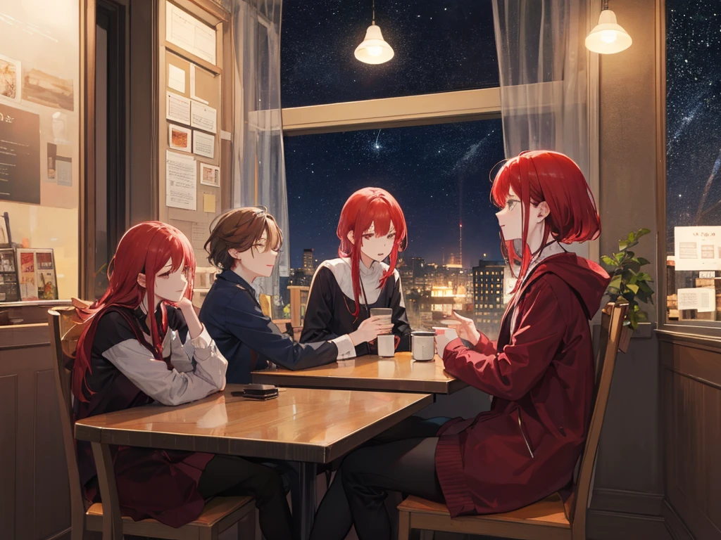 4People chatting happily while drinking coffee. A slightly melancholic atmosphere. A combination of one woman and three men. A woman with red hair. A starry sky can be seen from the window. About 28 years old.