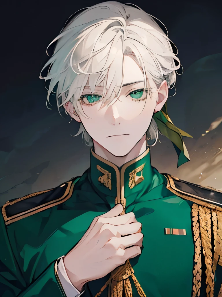 Man, military officer, Hair white, drooping hair, deep emerald green eyes with dark circles under his eyes