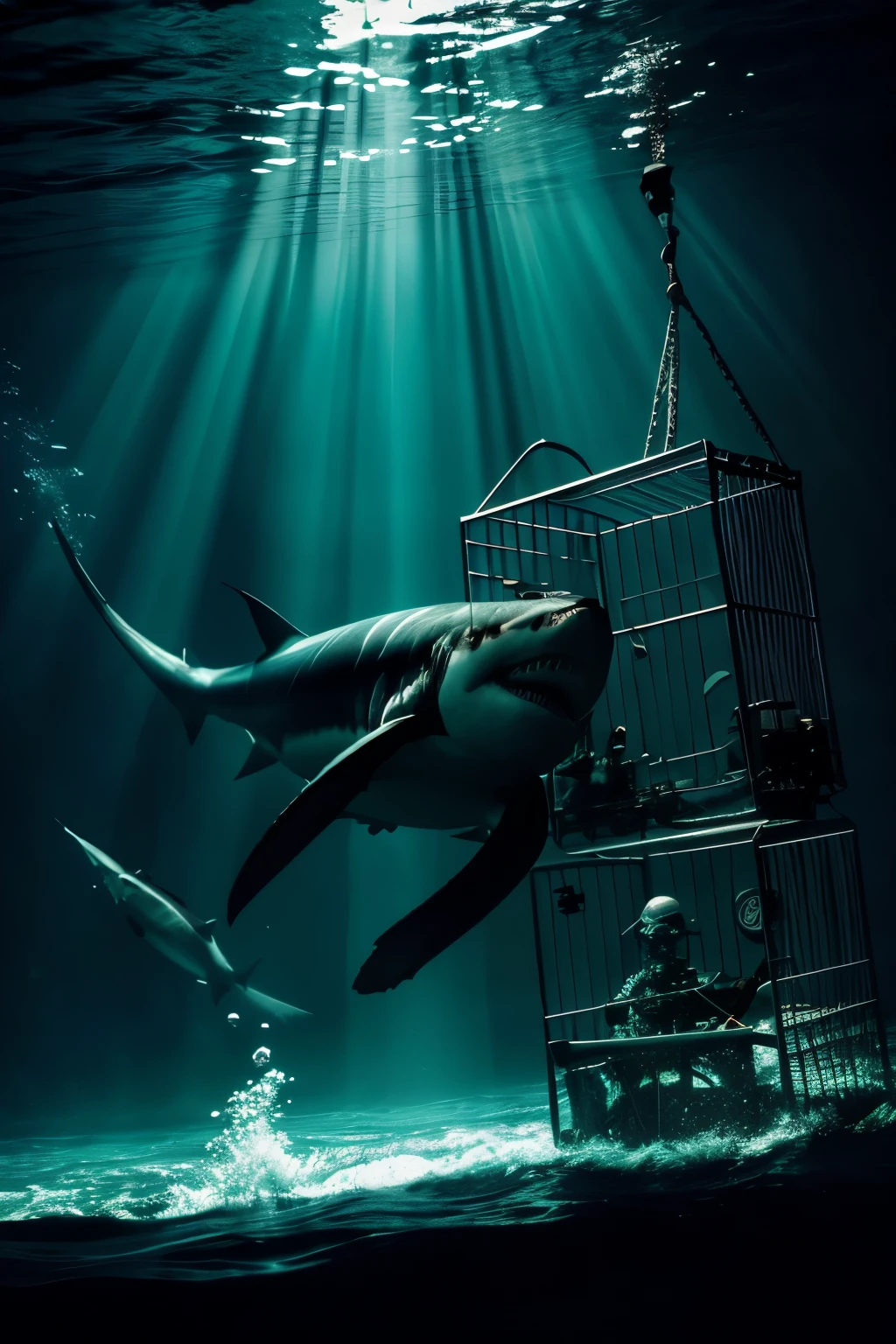 underwater diver in a cage, enormous great white shark, dramatic lighting, cinematic composition, moody atmosphere, realistic 3d render, hyperdetailed, 8k, photorealistic, high contrast, dynamic pose, intense blue-green color palette, volumetric god rays, dramatic shadows, realistic water effects, intricate details, chiaroscuro lighting