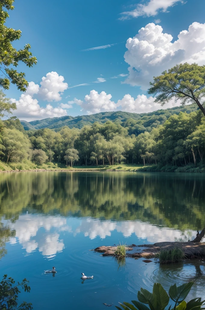 a clear sky with white clouds and a lake with several small ducks inside, some small trees with light leaves,  5 squirrels near the trees and more elsewhere, tropical landscape , image generated horizontally