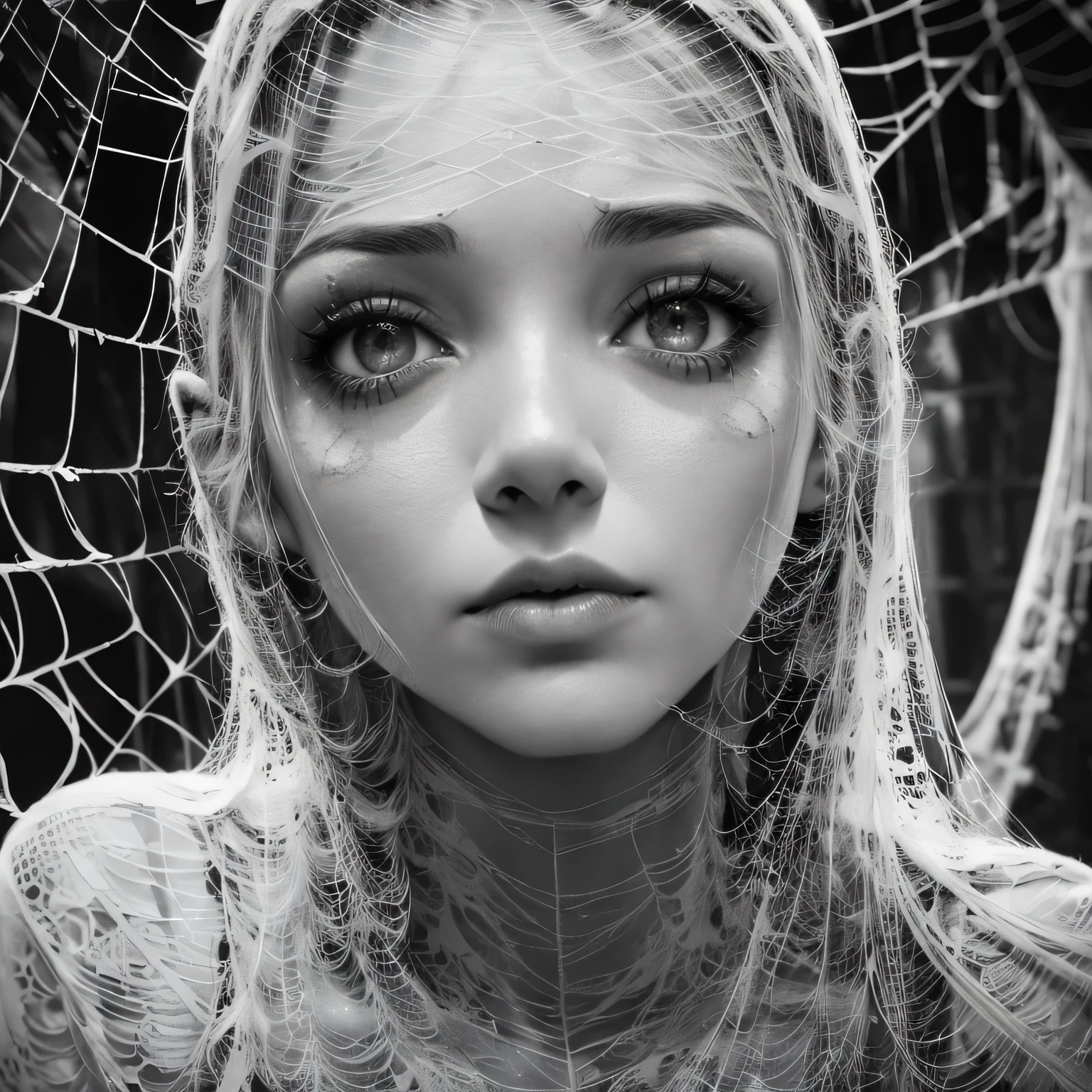 1girl, beautiful detailed eyes, beautiful detailed lips, extremely detailed face, long eyelashes, woman trapped in spider's web, intricate delicate web, struggling to break free, dramatic lighting, dark moody atmosphere, chiaroscuro, cinematic, muted color palette, gothic horror