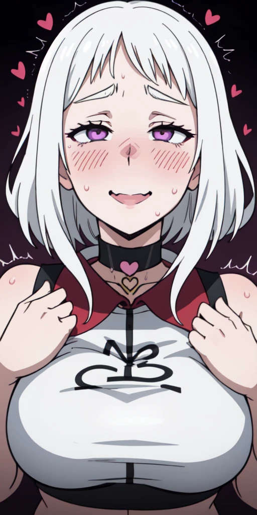 1girl,heart-shaped pupils,ahegao fingernails,hands on own face,white hair,purple eyes,(blush:1.1),choker,upper body,trembling,sweat,sweatdrop,heart,(speed lines:1.1),medium breasts, ((heavy breathing:1.3)), love, heart, crop top, happy, smile