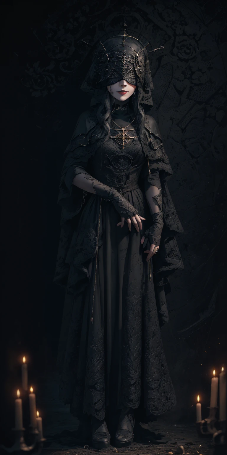  sweet smile, (Masterpiece:1), 1girl, solo, realistic, ((cinematic lighting)), official art, unity 8k wallpaper, ultra detailed, beautiful and aesthetic, High quality, beautiful, best quality, ((occult symbols)), esoteric, holy, nun, a madure 40 years old woman wearing a black translucent veil blind mask, (smile: 0.8), thin and slender, white long hair, black lips, perfect hands, perfect fingers, straight hair, choker, (black clothes), armor, ((Cassock)), capelet, elbow gloves, on side, full body (from below, dutch_angle: 1.1), dutch angle, gothic cemetery, horror, dark_fantasy, dark souls, firekeeper, cleric, grave cleric, dungeon and dragons