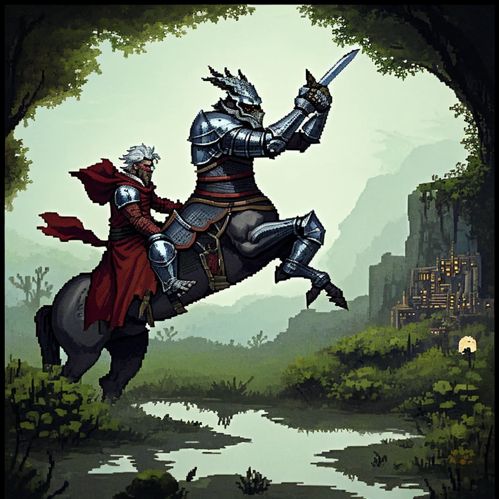 (Pixel art: 1.2), firm stance, combat stance, Focus on (Middle Earth, Knight charging into battle on horseback, wielding a sword and dressed in a black cloak with left shoulder armor, Don, Short, Solid, Face diamond-shaped, light skin, platinum white hair, red eyes with white flecks, narrow nose, full lips, receding chin, extended goatee, shoulder length, side part, a lush desert city, Tolkien) fighting (Beholder) , in a mystical swamp, where will-o'-the-wisps lead travelers