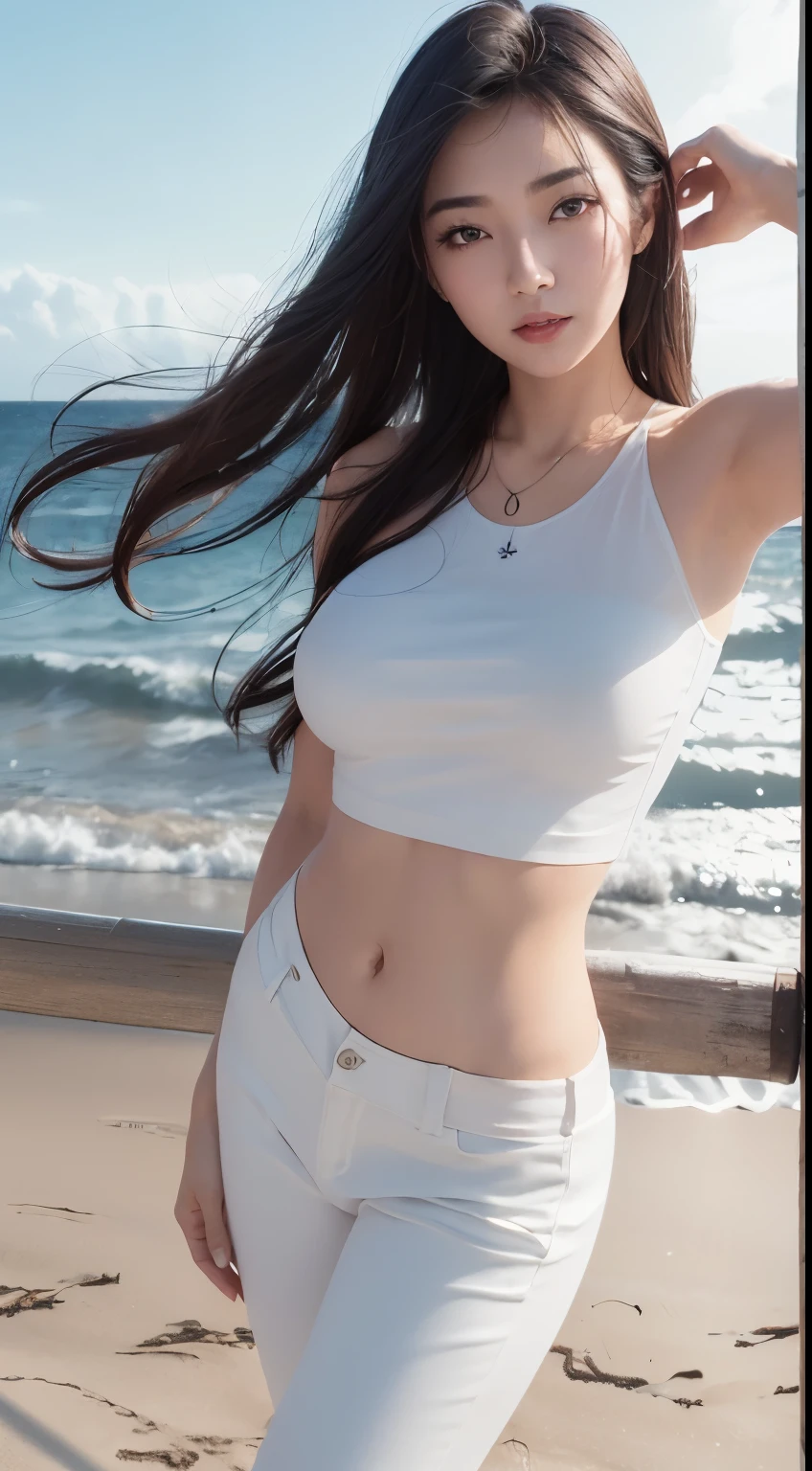 (logo、masterpiece、8K、Tabletop、RAW Photos、wonderful、最high quality、Photorealistic and Very detailed CG integrated 8K wallpaper、high quality、Very detailed、Narrative poem、Particle Effects、Dynamic Effects、Written boundary depth、Cinematic Light、Lens flare、Ray Tracing)、Fantasy、 (One beautiful woman、White pants、White T-shirt、White tube top、White crop top、Black-haired、Beautiful Face、True Face、Beautiful details、eye、Beautiful Skin、Ultimate Body、glamorous)、私の髪はWindに舞う、Hair flutters in Wind、Hair bounces、Seaside、wonderful景色、Coastal、sunrise、Sun in the background、Wind、Beach