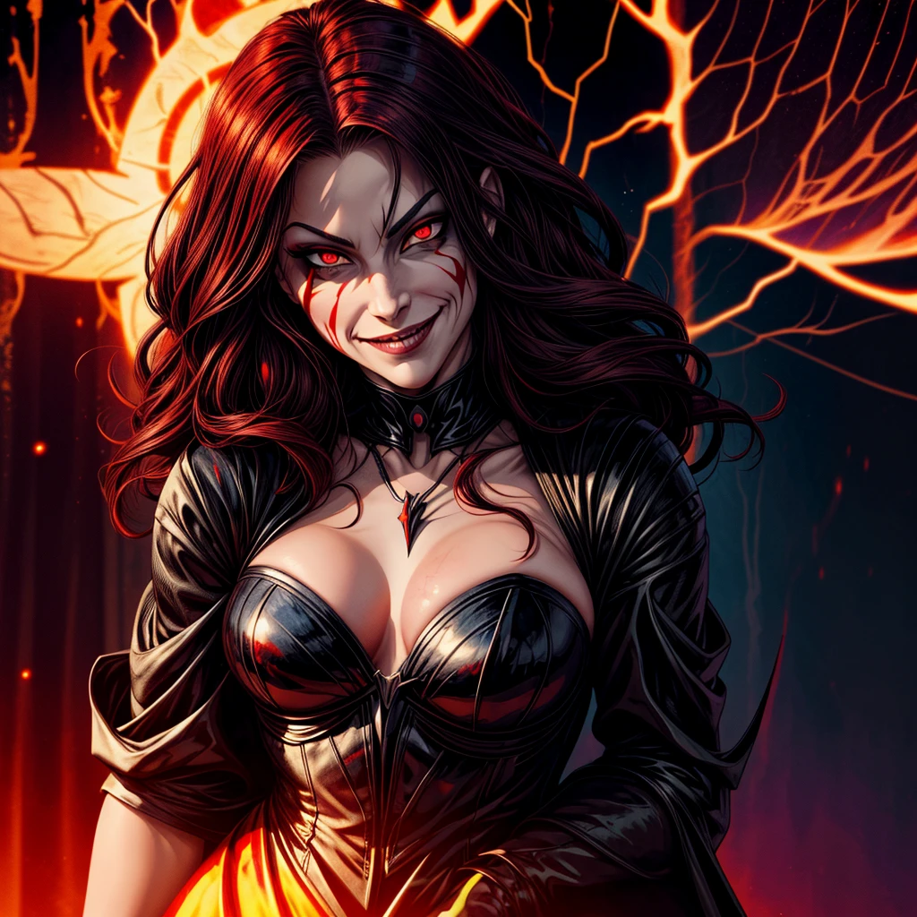 1girl, flying hair, red eyes, fire witch, blood on face, light particles, lightning rays, wallpaper, colorful, high contrast, vampire, smirk, evil smile, psychopathic smirk, psychopathic smile, tilted head