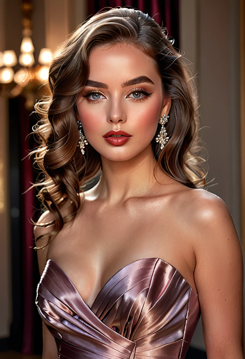 a beautiful woman wearing an elegant evening dress, detailed realistic portrait, realistic detailed eyes, lips, skin texture, high quality, photorealistic, intricate fabric details, shimmering satin, flowing design, cinched waist, dramatic lighting, warm tones, glowing skin, detailed hair, beautiful