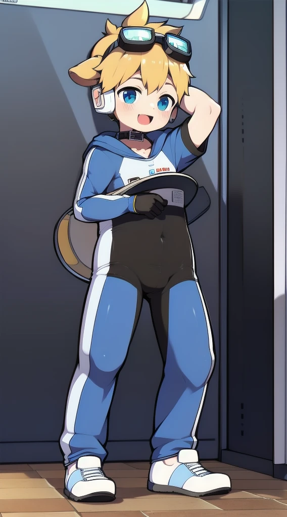 Two-dimensional boy，One-piece mountaineering suit，trumpet，Cow ears，Put the headphones on your head，stand up，goggles，sports shoes，Slim，Happy，Sailor collar