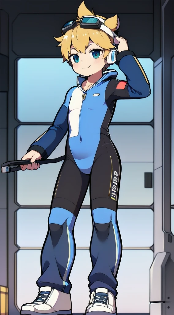 Two-dimensional boy，One-piece mountaineering suit，trumpet，Cow ears，Put the headphones on your head，stand up，goggles，sports shoes，Slim，Happy，Sailor collar