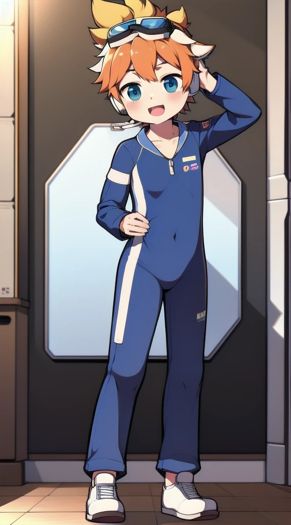Two-dimensional boy,One-piece mountaineering suit,trumpet,Cow ears,Put the headphones on your head,stand up,goggles,sports shoes,Slim,Happy,Sailor collar