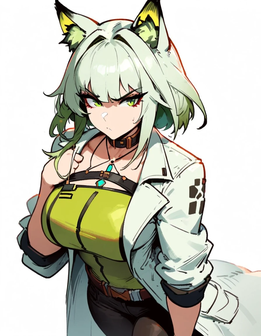 1girl, kal'tsit \(arknights\), arknights \\\\\ masterpiece, best quality, very aesthetic, absurdres, newest \\\\\\ slim body,///// ,by nyantcha,cutesexyrobutts , by khyle,,////// ,,,, , ,,detailed face, , ,, , , , , beautiful face, (white background:1.2), , sexy, , serious.angry, green eyes, animal ears, , ,,,big tits,), in the center of the frame,,, ,wears a lab coat, ,full body , solo