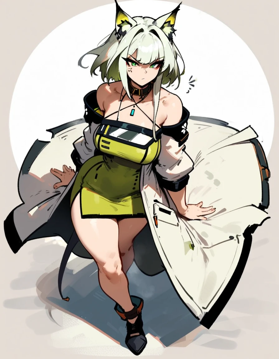 1girl, kal'tsit \(arknights\), arknights \\\\\ masterpiece, best quality, very aesthetic, absurdres, newest \\\\\\ slim body,///// ,by nyantcha,cutesexyrobutts , by khyle,,////// ,,,, , ,,detailed face, , ,, , , , , beautiful face, (white background:1.2), , sexy, , serious.angry, green eyes, animal ears, , ,,,big tits,), in the center of the frame,,, ,wears a lab coat, ,full body , solo