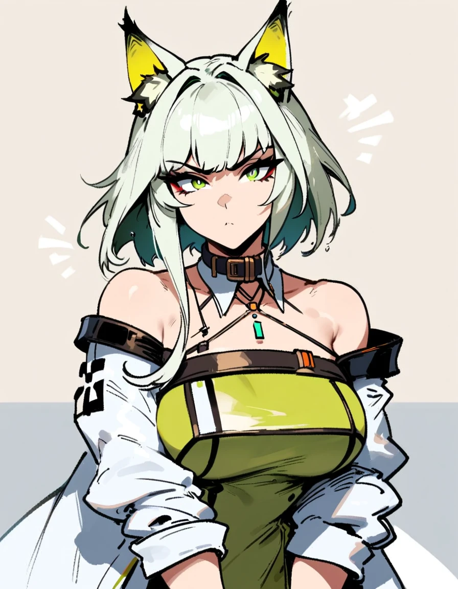 1girl, kal'tsit \(arknights\), arknights \\\\\ masterpiece, best quality, very aesthetic, absurdres, newest \\\\\\ slim body,///// ,by nyantcha,cutesexyrobutts , by khyle,,////// ,,,, , ,,detailed face, , ,, , , , , beautiful face, (white background:1.2), , sexy, , serious.angry, green eyes, animal ears, , ,,,big tits,), in the center of the frame,,, ,wears a lab coat, ,full body , solo, top view