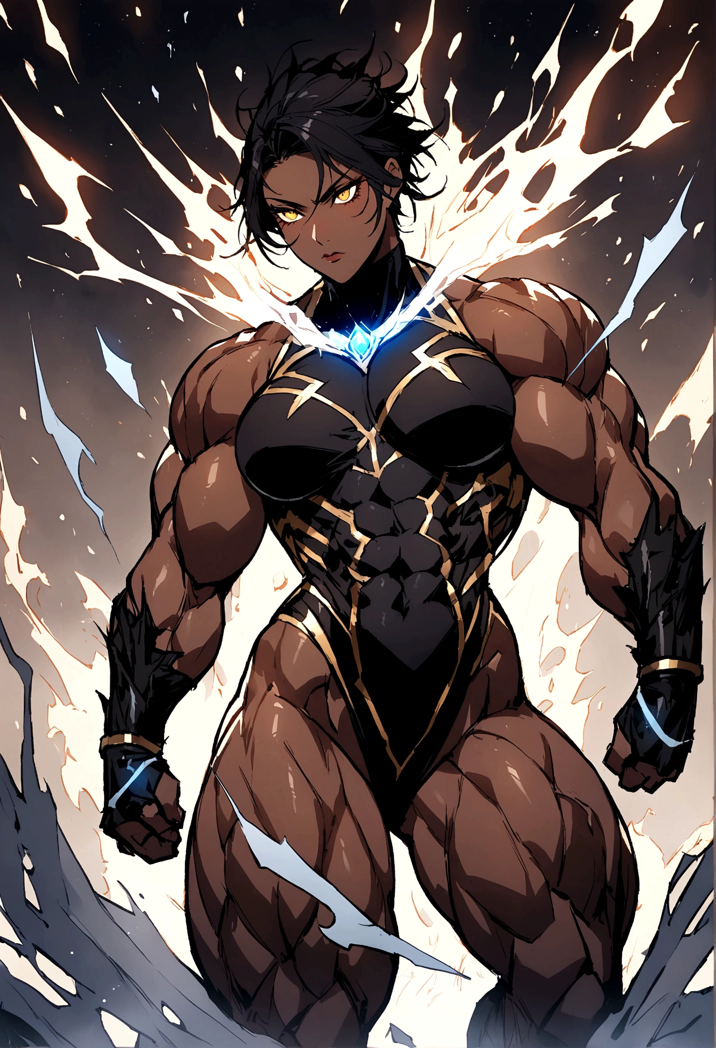 Strong muscular woman, golden eyes with a sharp and cold look. Messy black hair dark skin.