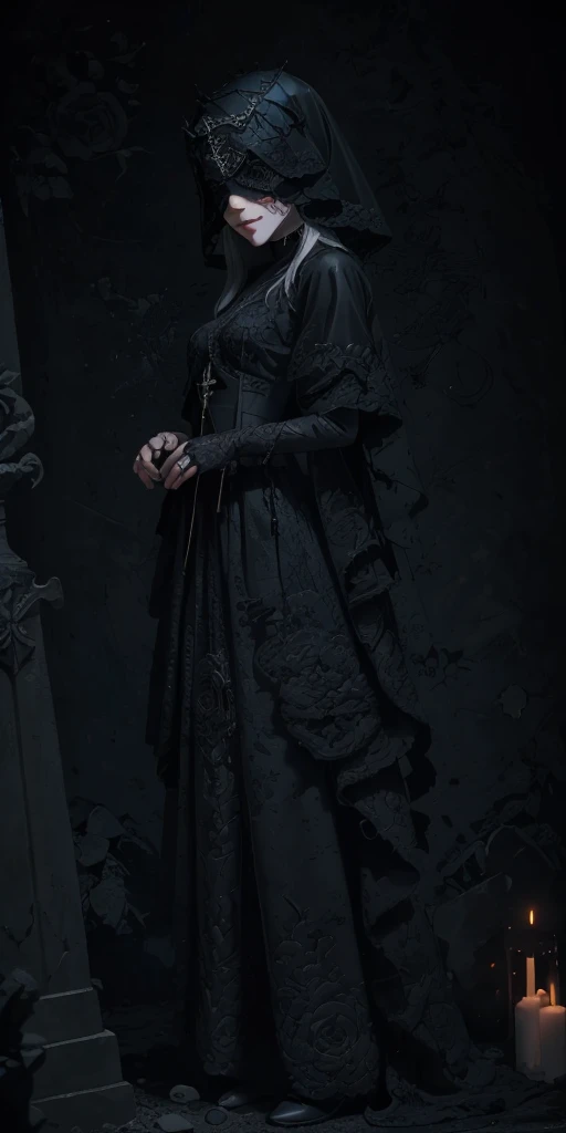sweet smile, (Masterpiece:1), 1girl, solo, realistic, ((cinematic lighting)), official art, unity 8k wallpaper, ultra detailed, beautiful and aesthetic, High quality, beautiful, best quality, ((occult symbols)), esoteric, holy, nun, a madure 40 years old woman wearing a black translucent veil blind mask, (smile: 0.8), thin and slender, white long hair, black lips, perfect hands, perfect fingers, straight hair, choker, (black clothes), armor, ((Cassock)), capelet, elbow gloves, on side, full body (from below, dutch_angle: 1.1), dutch angle, gothic cemetery, horror, dark_fantasy, dark souls, firekeeper, cleric, grave cleric, dungeon and dragons