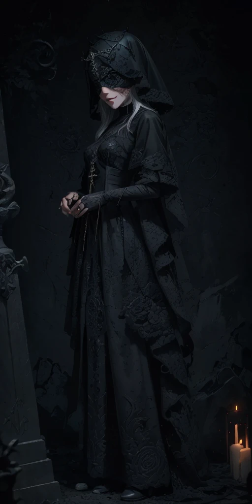sweet smile, (Masterpiece:1), 1girl, solo, realistic, ((cinematic lighting)), official art, unity 8k wallpaper, ultra detailed, beautiful and aesthetic, High quality, beautiful, best quality, ((occult symbols)), esoteric, holy, nun, a madure 40 years old woman wearing a black translucent veil blind mask, (smile: 0.8), thin and slender, white long hair, black lips, perfect hands, perfect fingers, straight hair, choker, (black clothes), armor, ((Cassock)), capelet, elbow gloves, on side, full body (from below, dutch_angle: 1.1), dutch angle, gothic cemetery, horror, dark_fantasy, dark souls, firekeeper, cleric, grave cleric, dungeon and dragons