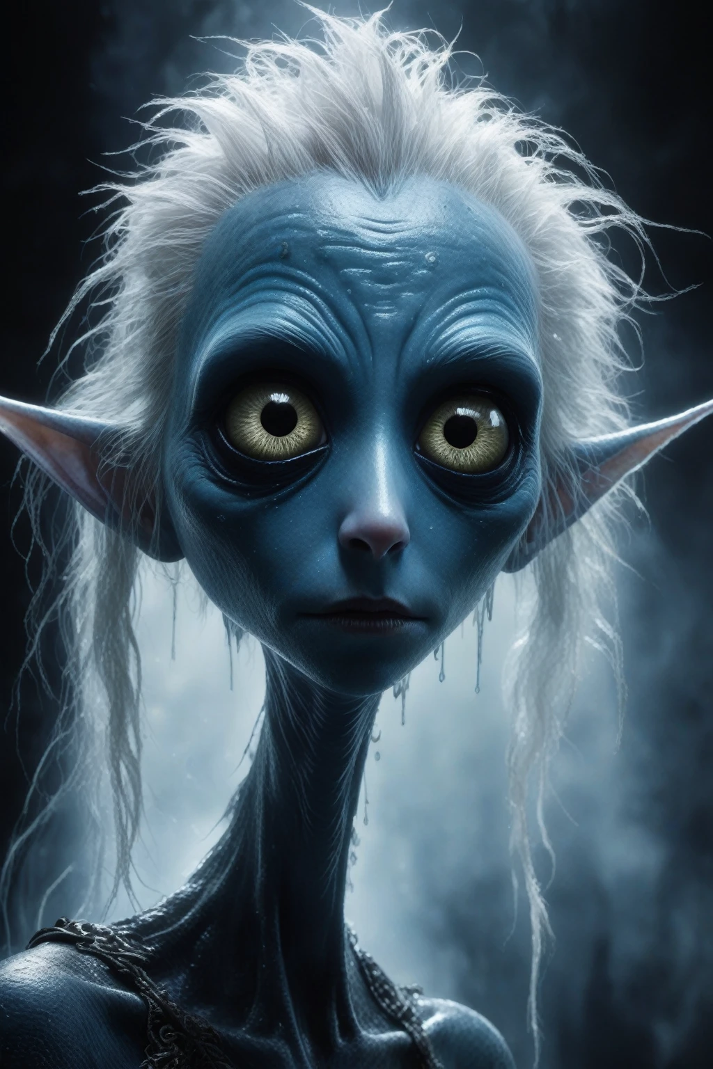 create a silver humanoid axolotl female with blue eyes, in a podcast talking