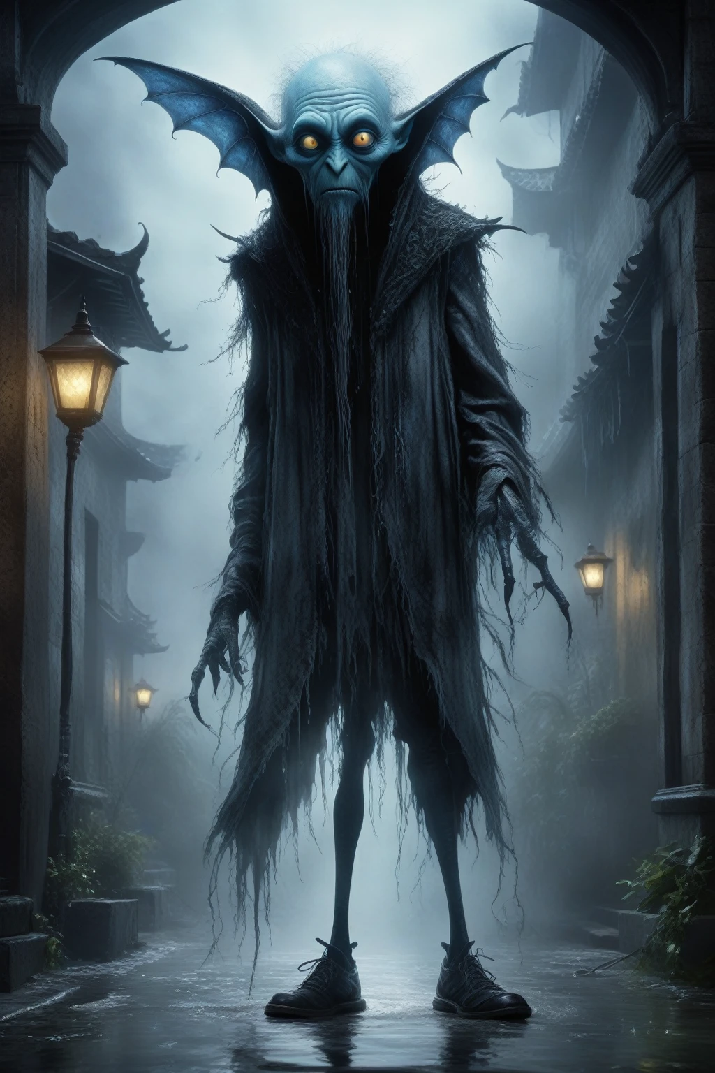 full body length shot,beggar graphite Manganite sparas, wants eat,survival in criminal city of future,Cinematic,soft colors, Technicolor,natural skin textures, hyper realism, hyper detailed,Extremely detailed,High contrast,Masterpiece,Realistic,Ultra Detailed, intricate details,realistic humid leather,extremly intricate,Epic Realistic, cinematic style,irina yermolova,high contrast,hdr,extremely detailed, [deep night landscape],masterpiece,intricate details,faded,eyes extremely detailed, high detailed eyes,16k resolution,RAW,retina, Nikon Z9,China,Songbird,orc,Li River in Guangxi Zhuang of China,tkt style, Pisces, pointed ears，perfect, ginger，transition between two art styles, Ink painting to photorealism, Double contact, X-ray, Creative, vivid light, masterpiece, fantasy, Abstract, Surrealism, super detailed, high resolution, stop:35,(((creature with a spectral and ghostly appearance)). Her skin is pale, almost translucent. His eyes shine with a bluish glow, he wears dark, torn clothes that float around him, as if permeated by an aura of mourning. Its appearance is complemented by details such symbols of morning and gothic elements, further emphasizing its dark air. is portrayed as a haunted and tormented entity,pixar movie still, pixar movie screenshot, frame from pixar movie, animated movie still, still from the pixar movie, still from a pixar movie, disney pixar movie still, pixar movie scene, still from pixar movie, still from a 2001 pixar movie, pixar render, animated film still