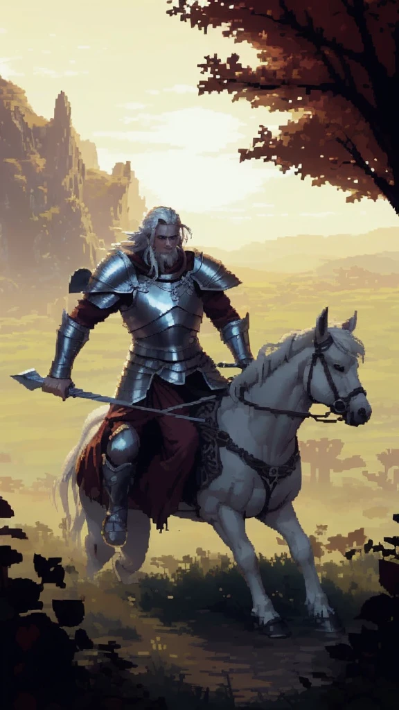 (Pixel art: 1.2), firm stance, combat stance, Focus on (Middle Earth, Knight charging into battle on horseback, wielding a sword and dressed in a black cloak with left shoulder armor, Don, Short, Solid, Face diamond-shaped, light skin, platinum white hair, red eyes with white flecks, narrow nose, full lips, receding chin, extended goatee, shoulder length, side part, a lush desert city, Tolkien) fighting (Beholder) , in a mystical swamp, where will-o'-the-wisps lead travelers